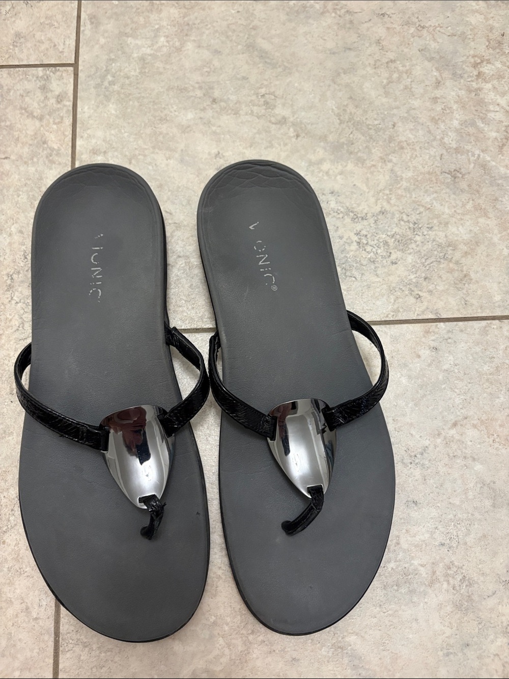Vionic Women's Black Thong Sandals with Metallic Accent